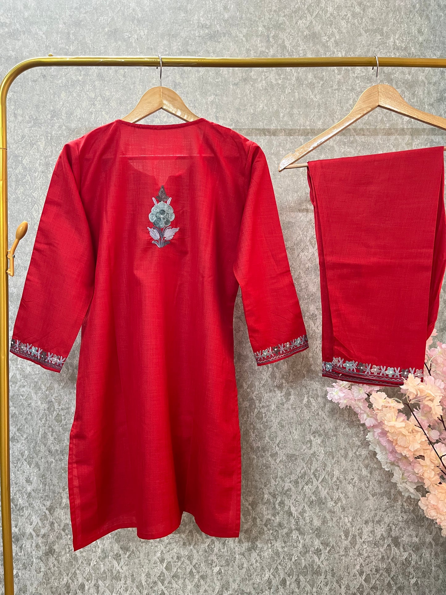 Red Cotton Stitched Co-ord Set (38)