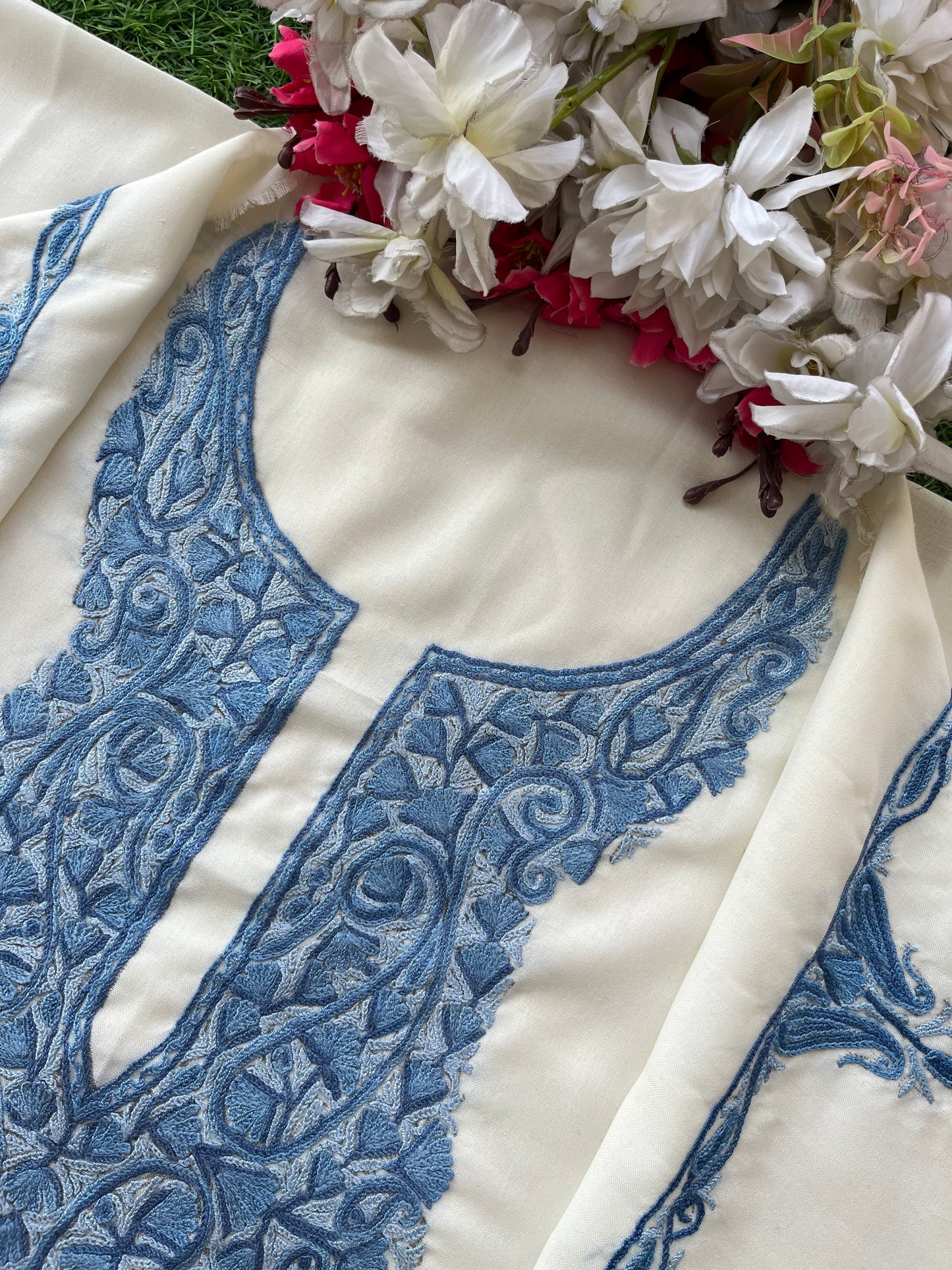 Off White Cotton Two Piece Suit (Hand Embroidered)