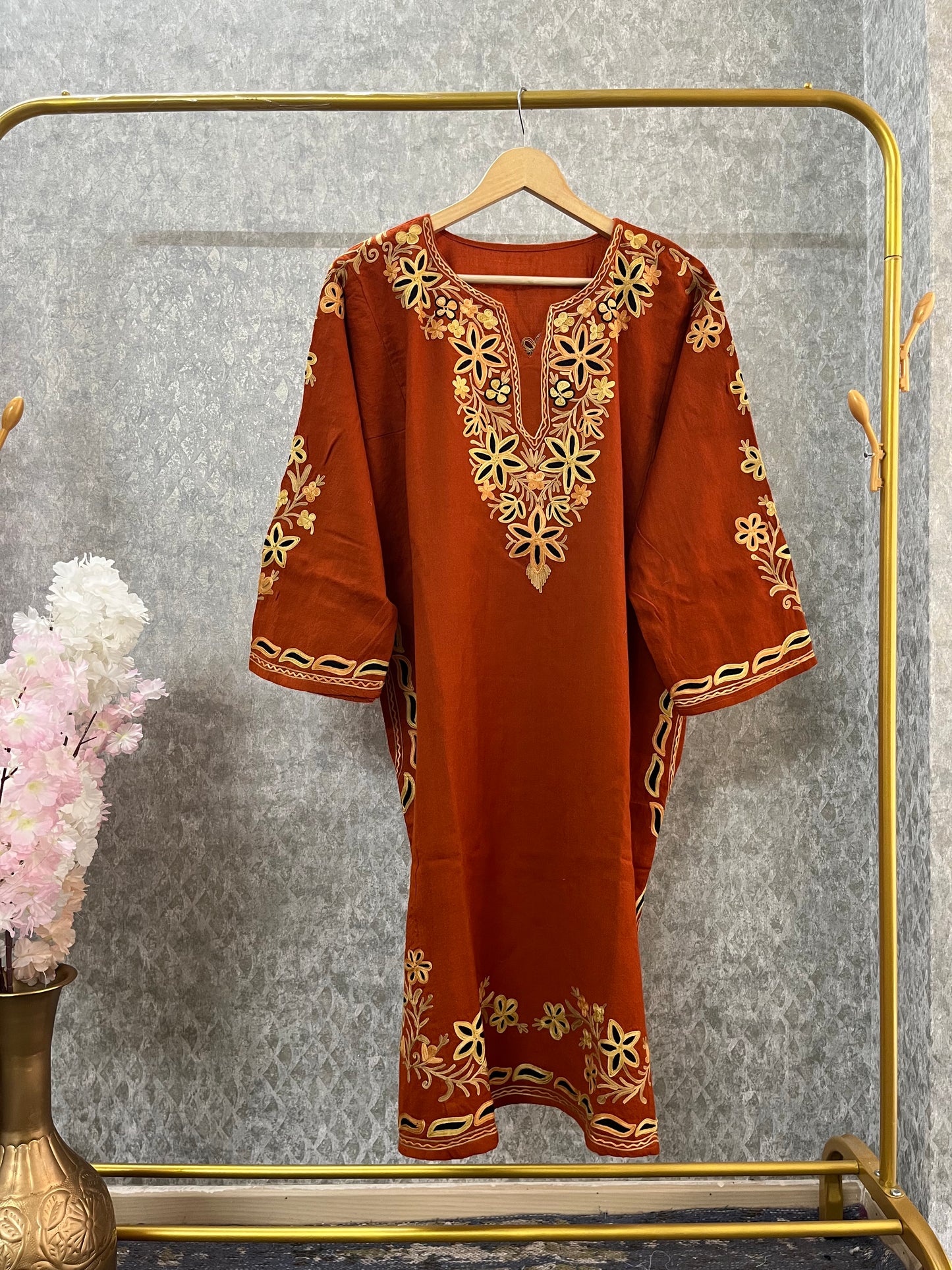 Rust Aari and Sozni Hand Embroidered Pure Wool Pheran