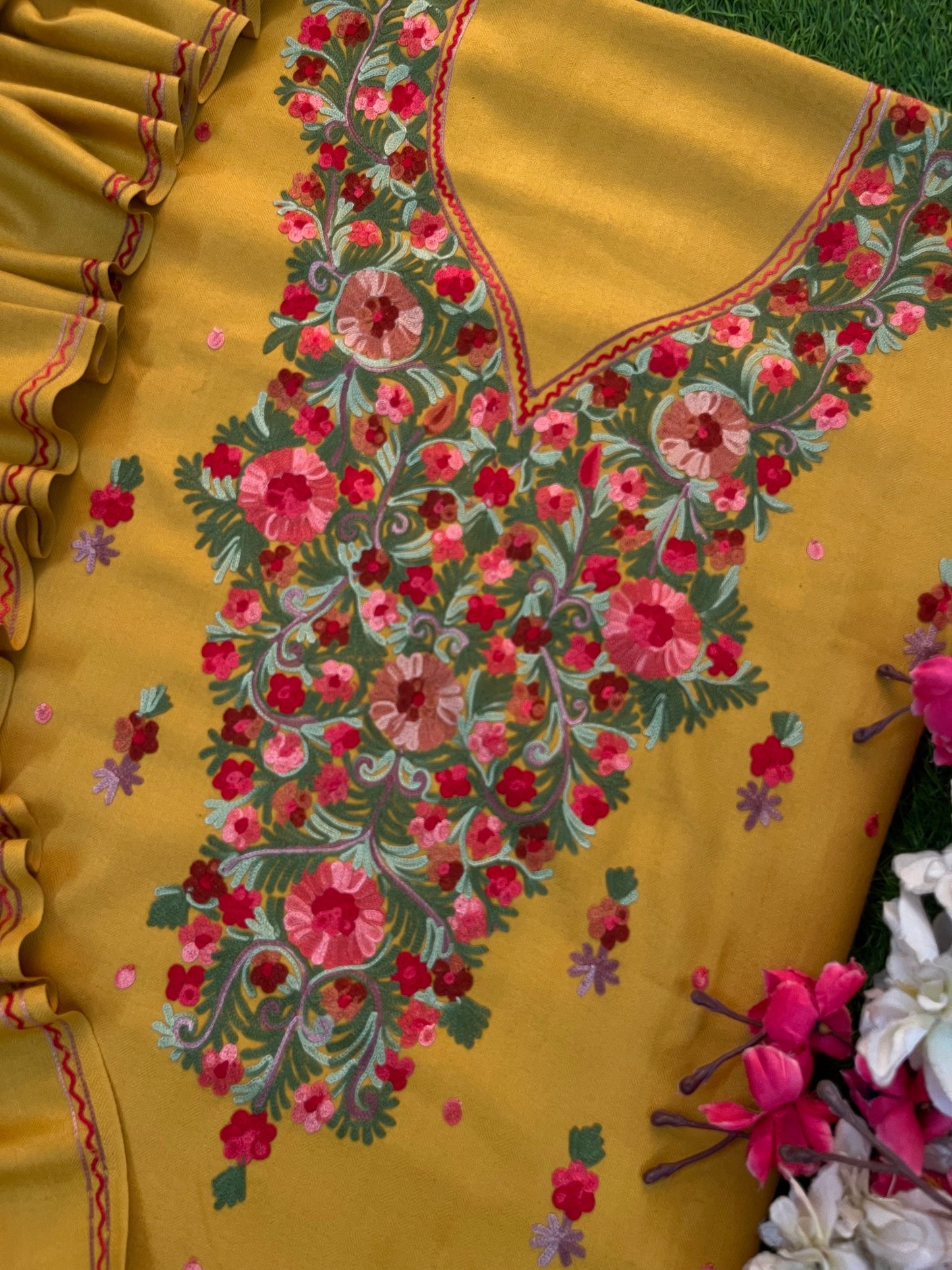 Yellow Woollen Aari Embroidered 3pc suit