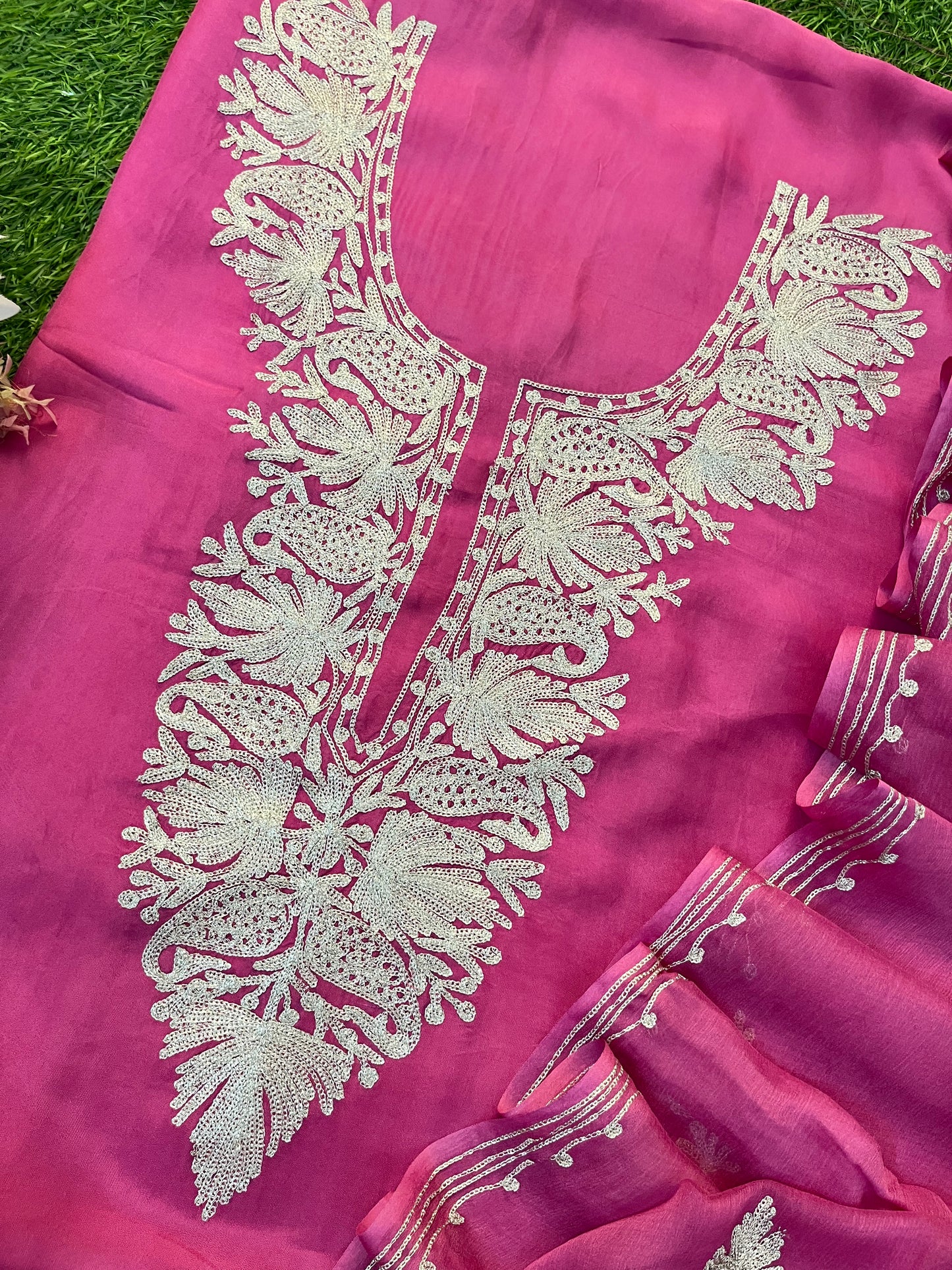 Rose Pink Silk Tilla Kashmiri Suit