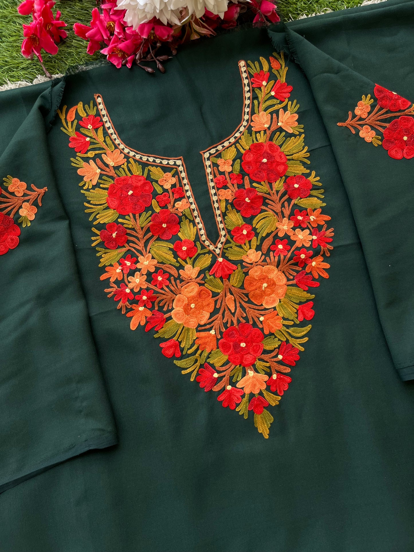 Bottle Green Cotton Cord Set (Aari Embroidered)