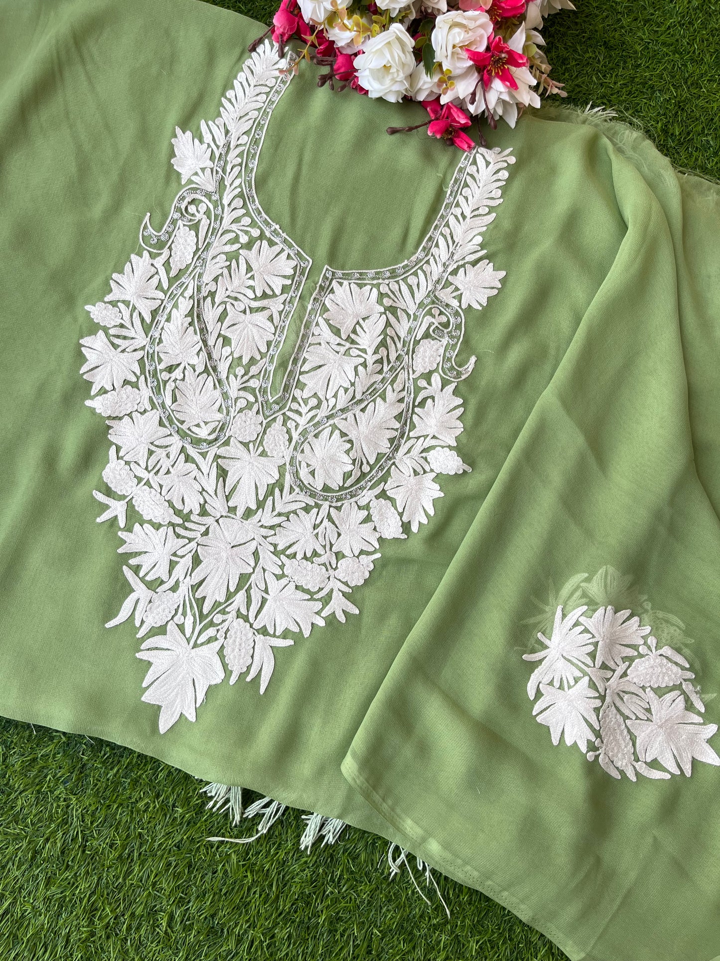 Lawn Green Georgette Kashmiri Kurta Material