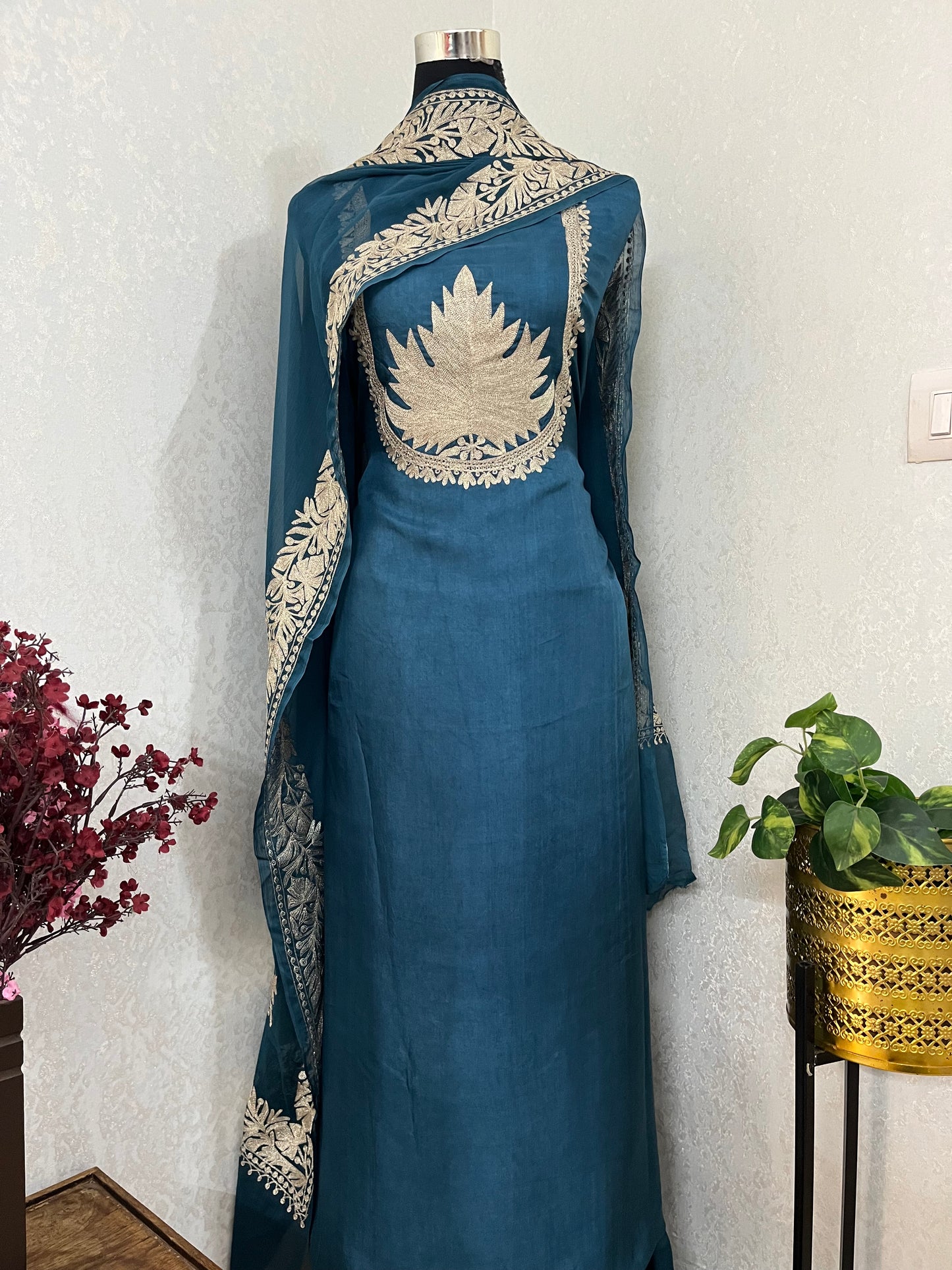 Teal Blue  Sanam’ Tilla Kashmiri Silk Suit