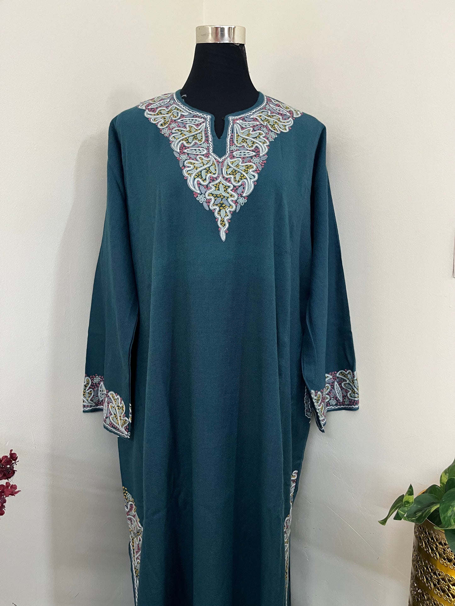 English Blue Aari and Sozni Hand Embroidered Pure Wool Pheran