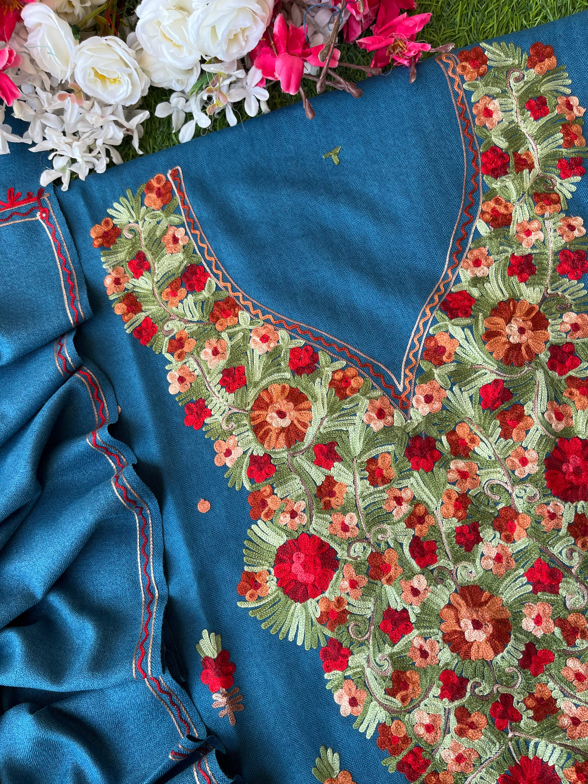 Peacock Blue Woollen Aari Embroidered 3pc suit