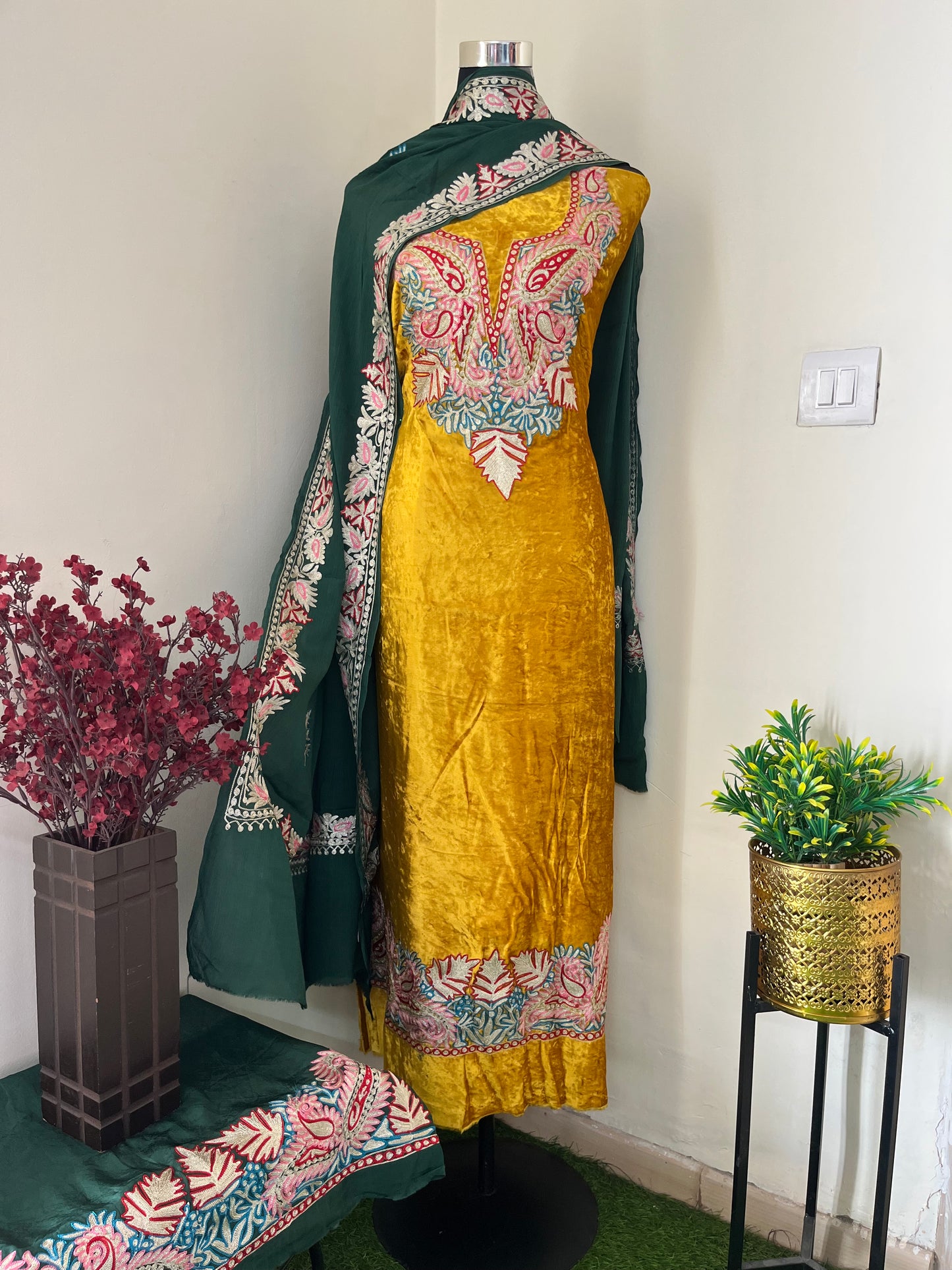 Golden Yellow Tilla Embroidered Pure Makhmal 3pc Suit Material