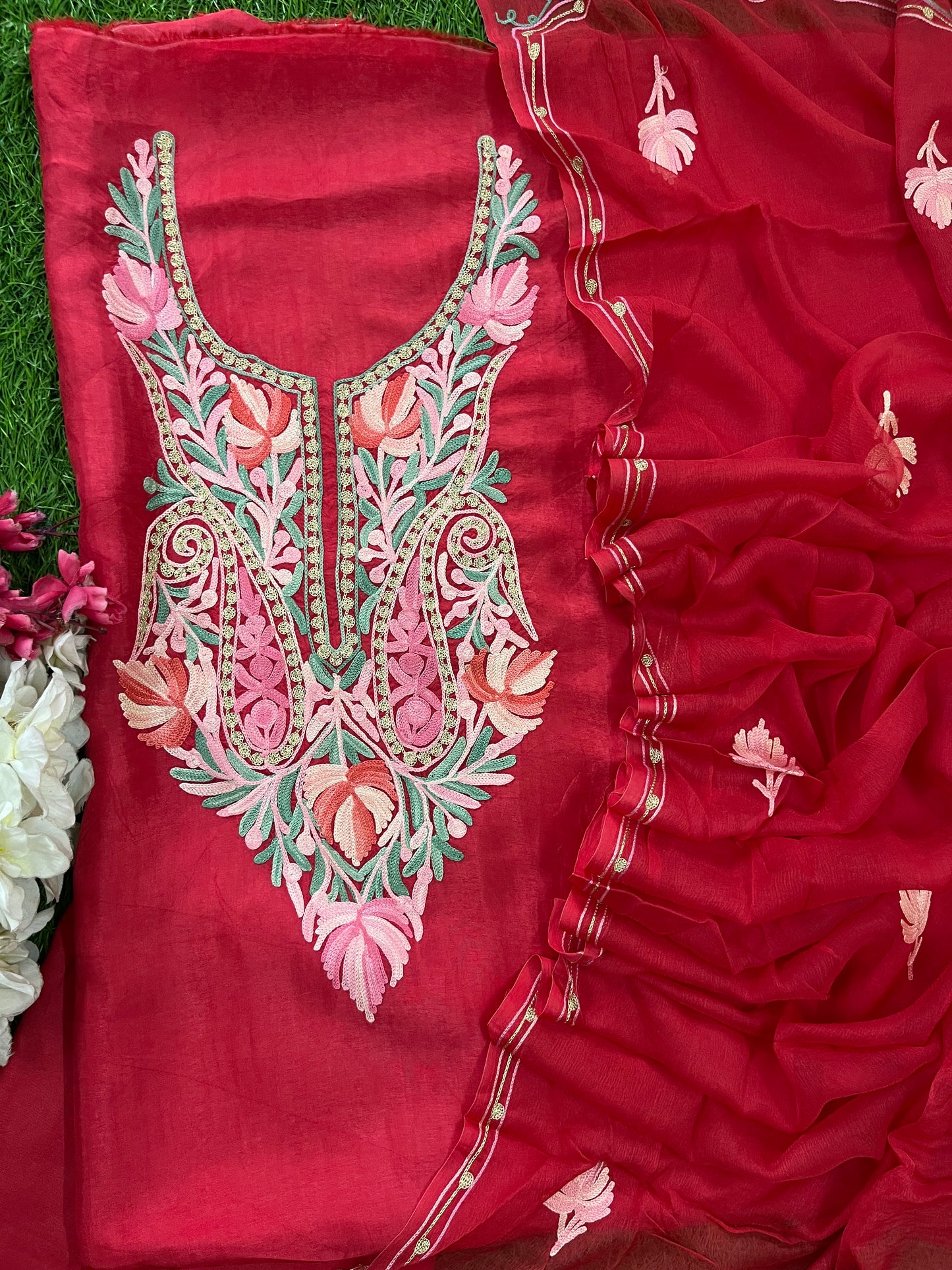 Carrot Red Opada Silk Kashmiri Suit