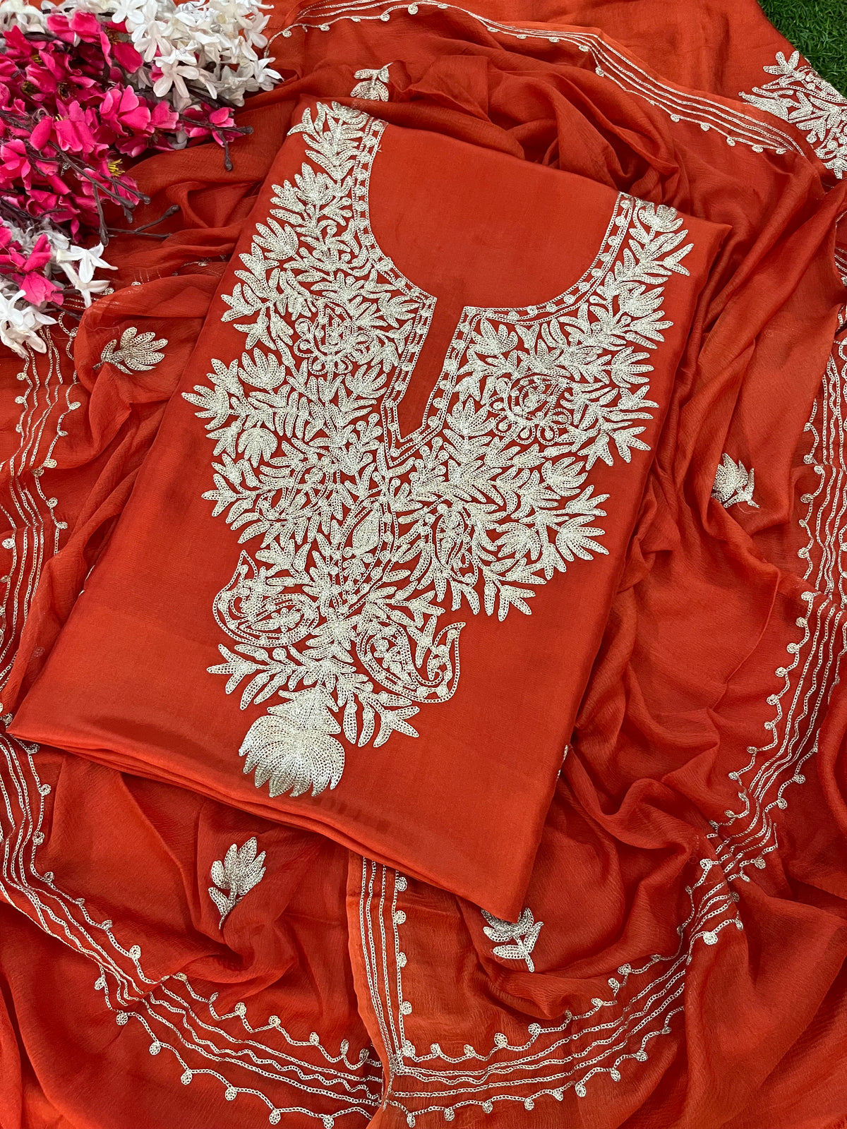 Rust Silk Tilla Kashmiri Suit