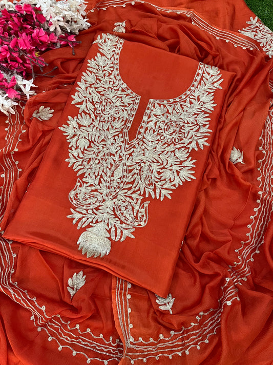 Rust Silk Tilla Kashmiri Suit