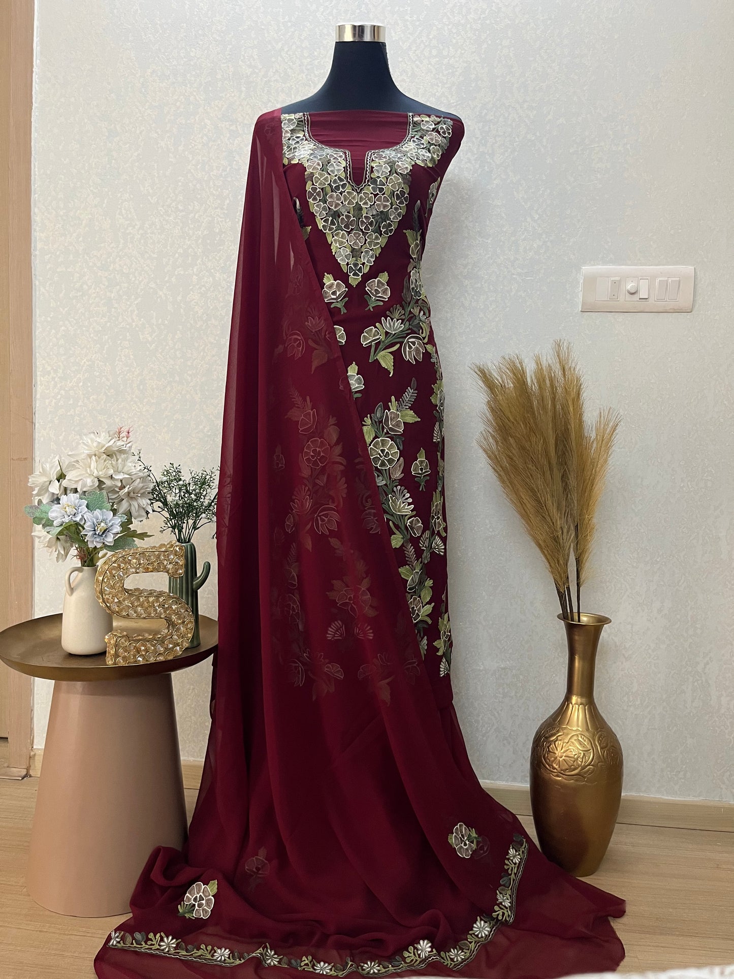 Maroon Georgette 3 Pc Kashmiri Suit