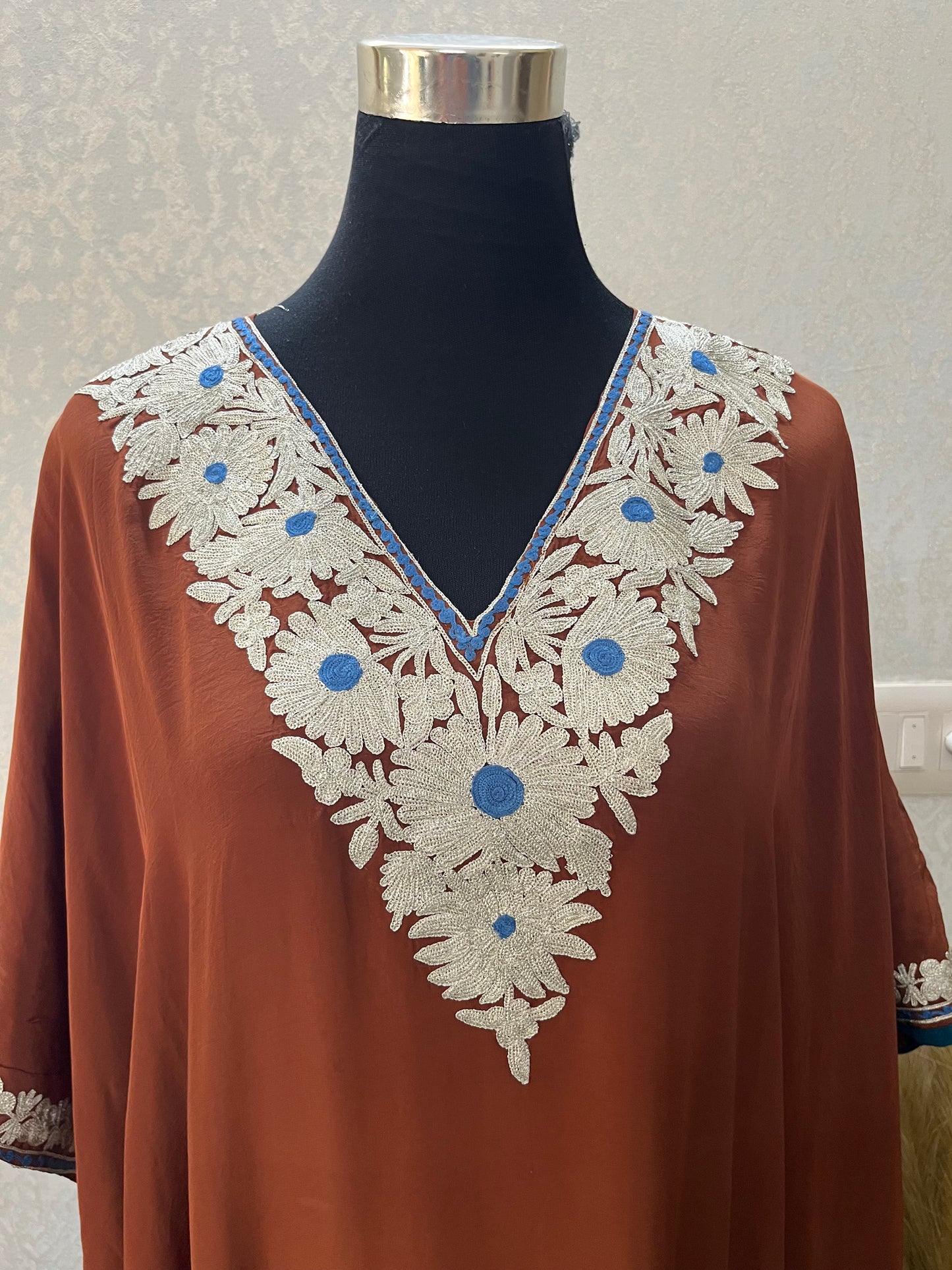 Brown Crape Kashmiri Kaftan Set