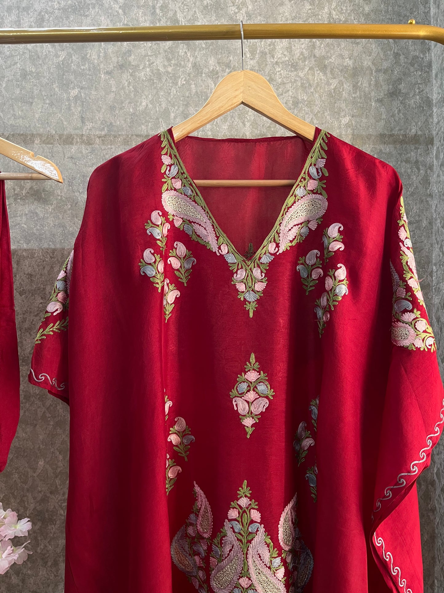 Maroon Opada Silk Kashmiri Kaftan Set