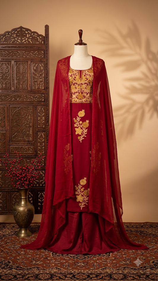 Maroon  Pure Georgette Aari Embroidered Suit