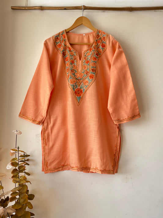 Peach Cotton Aari Work Kurta