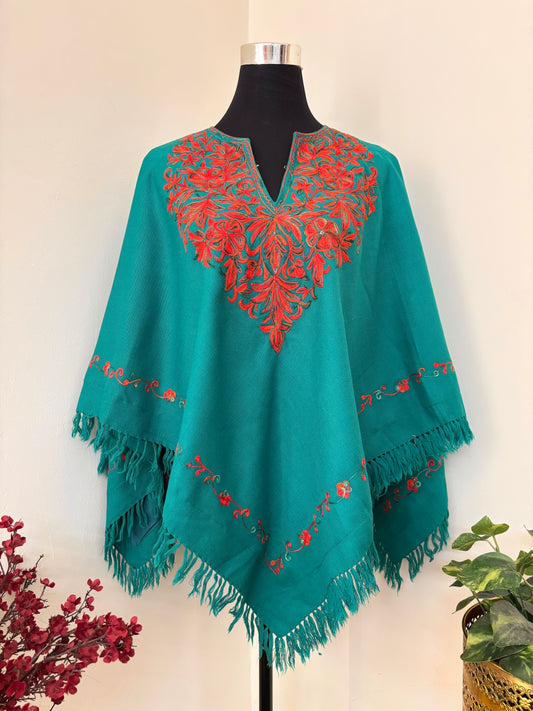 Green Aari Embroidered Wool Poncho