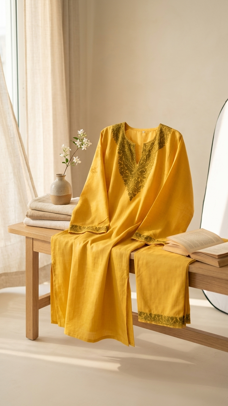 Yellow Cotton Pheran Set (Free Size)