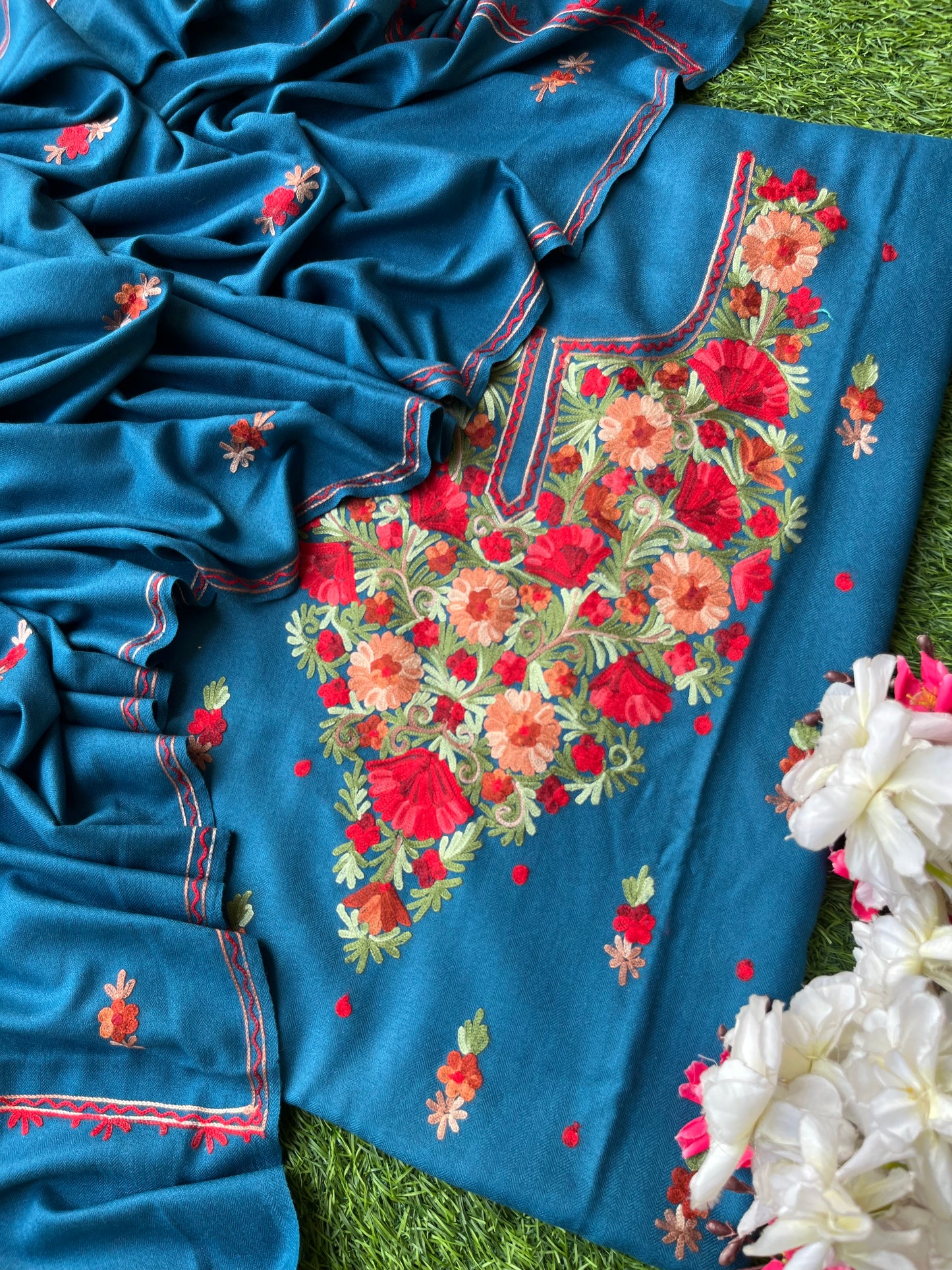 Peacock Blue Woollen Aari Embroidered 3pc suit