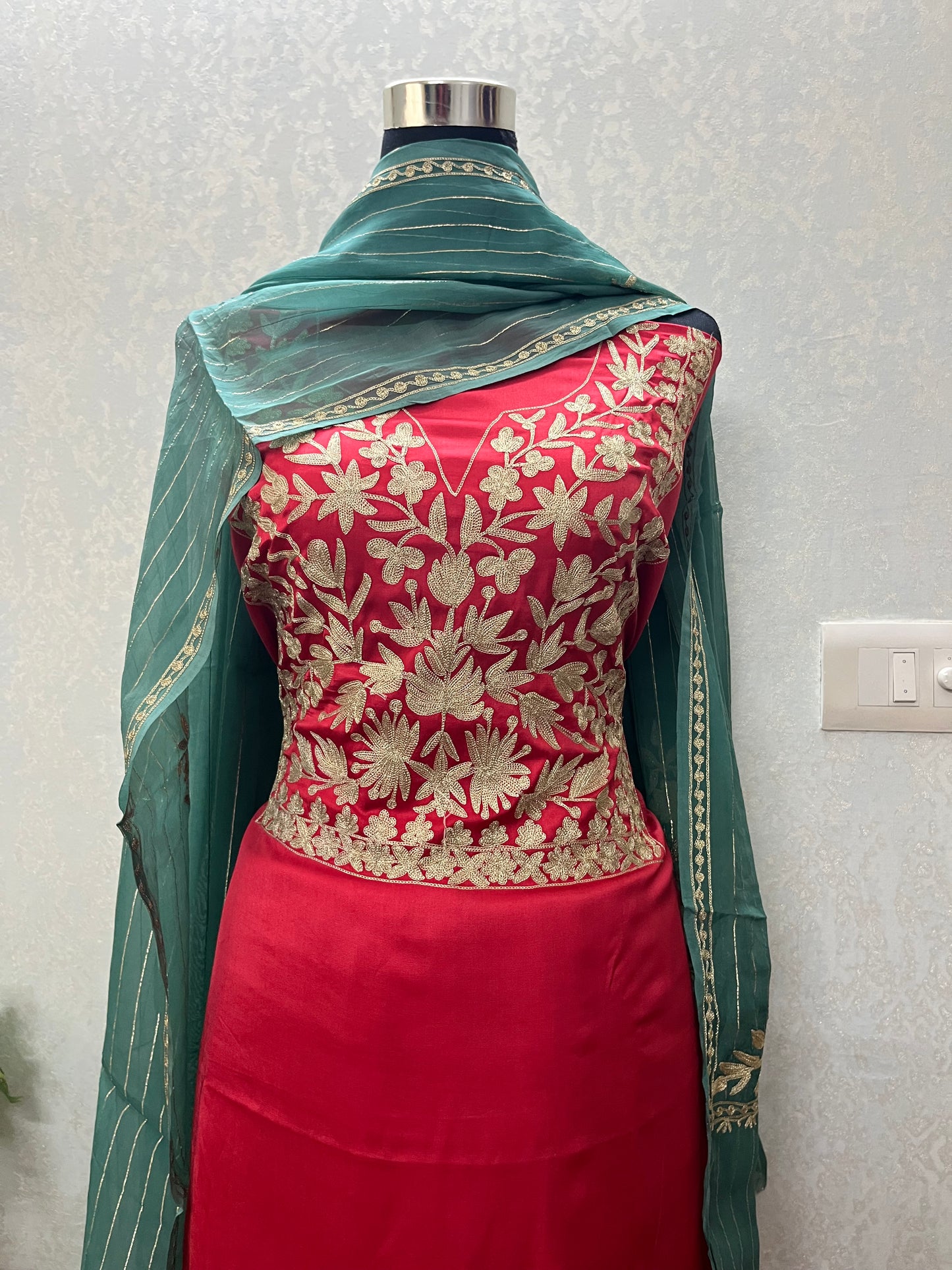 Red Satin Cotton Kashmiri Suit
