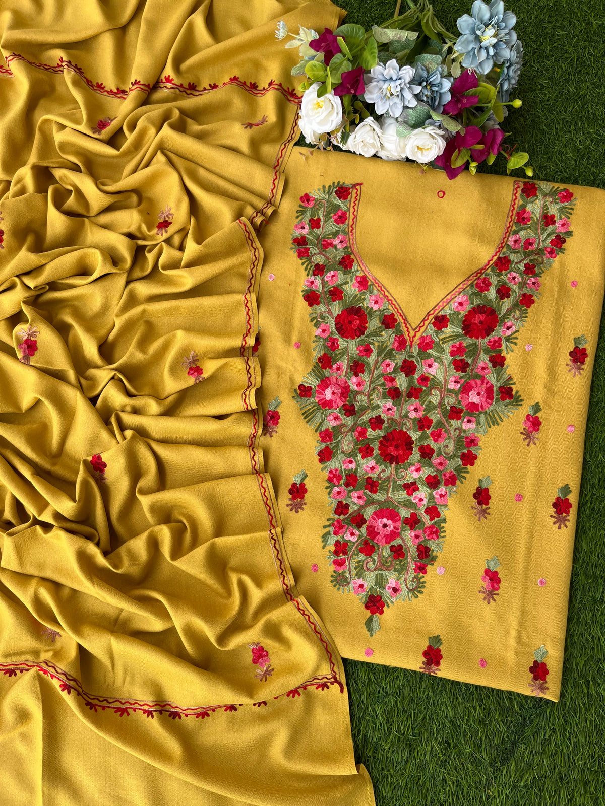 Yellow Woollen Aari Embroidered 3pc suit
