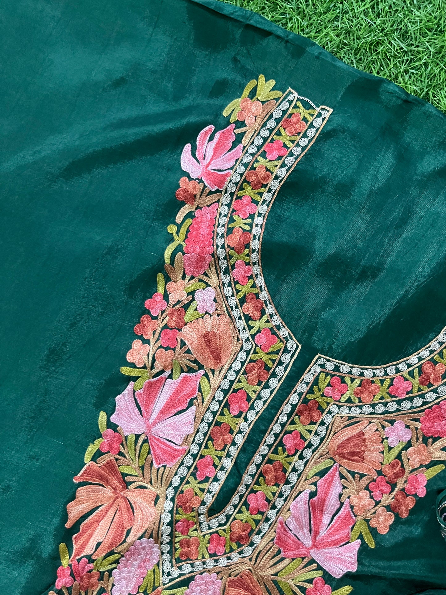 Bottle Green Opada Silk Aari Embroidered Suit material