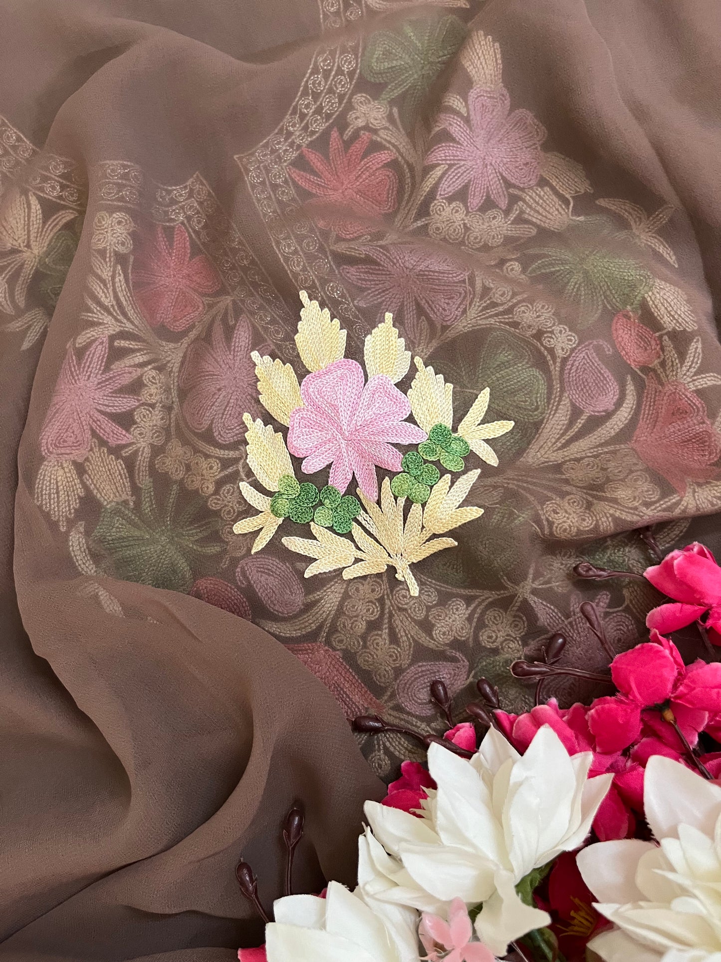 Coffee Brown Georgette 3 Pc Aari Embroidered Suit Set