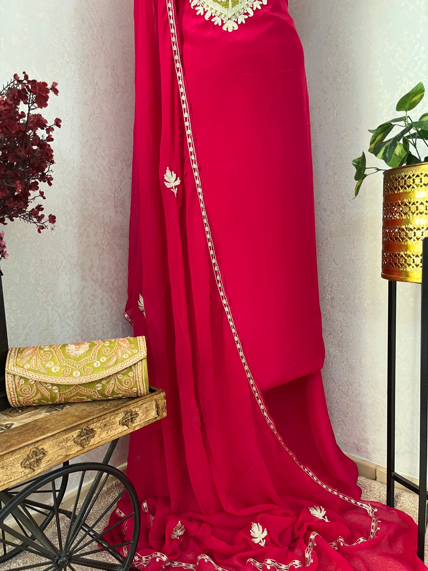 Fuchsia Pink Crape Kashmiri Suit with Clutch