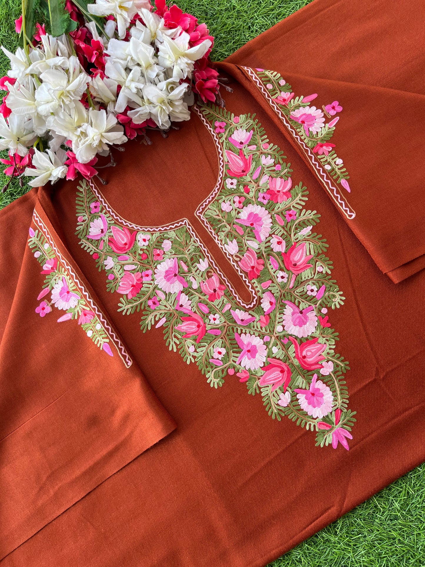 Rust Orange Woollen Aari Embroidered 2pc suit 5mtr