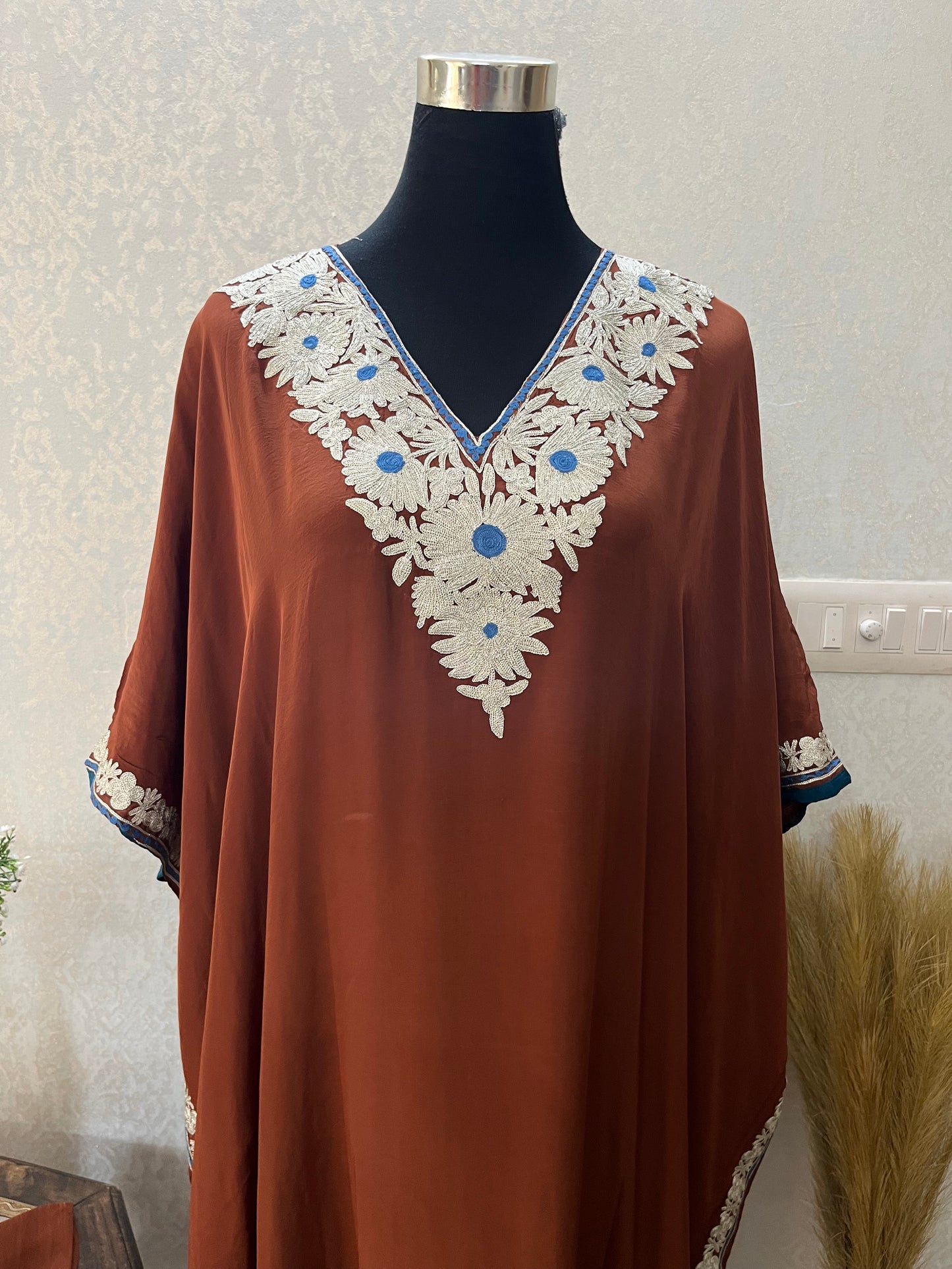 Brown Crape Kashmiri Kaftan Set