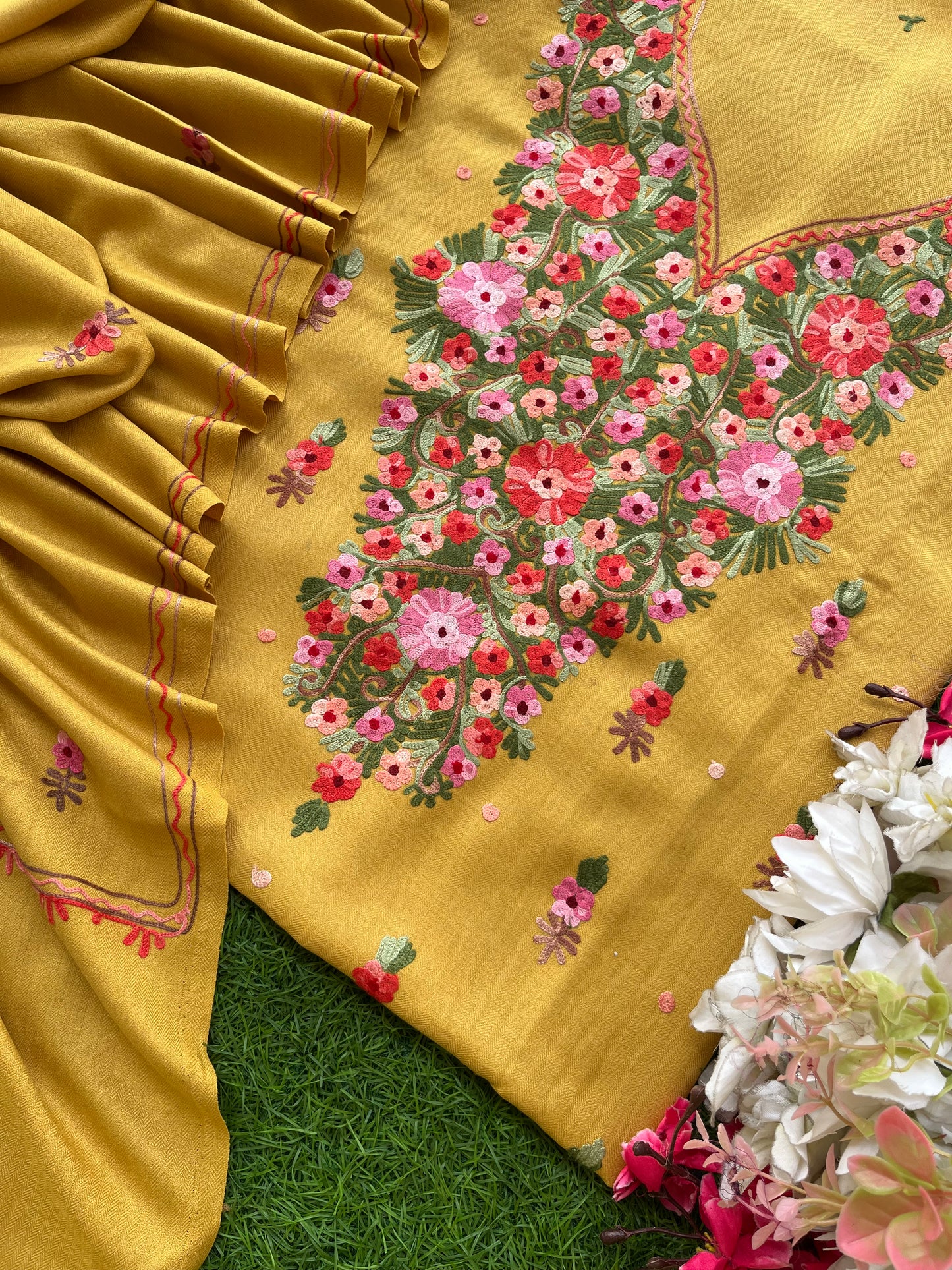 Yellow Woollen Aari Embroidered 3pc suit
