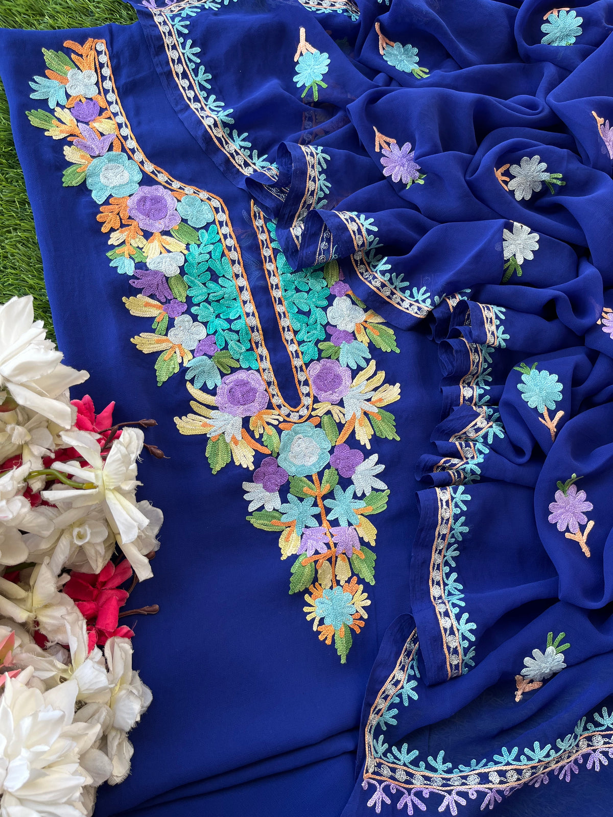 Georgette Electric Blue Aari Embroidered Suit set