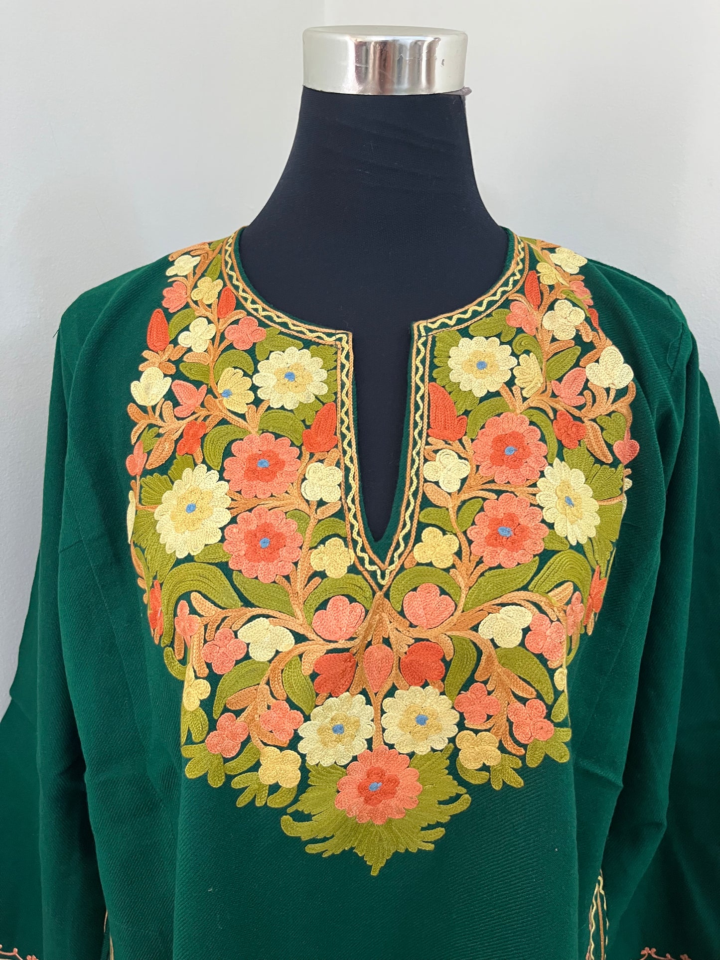 Green Aari Embroidered Wool Pheran