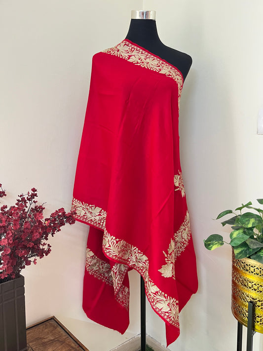 Red Fine Semi Pashmina Tilla Embroidered stole