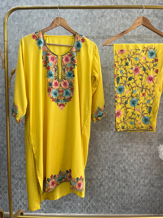 Yellow Cotton Stitched Co-ord Set(44)