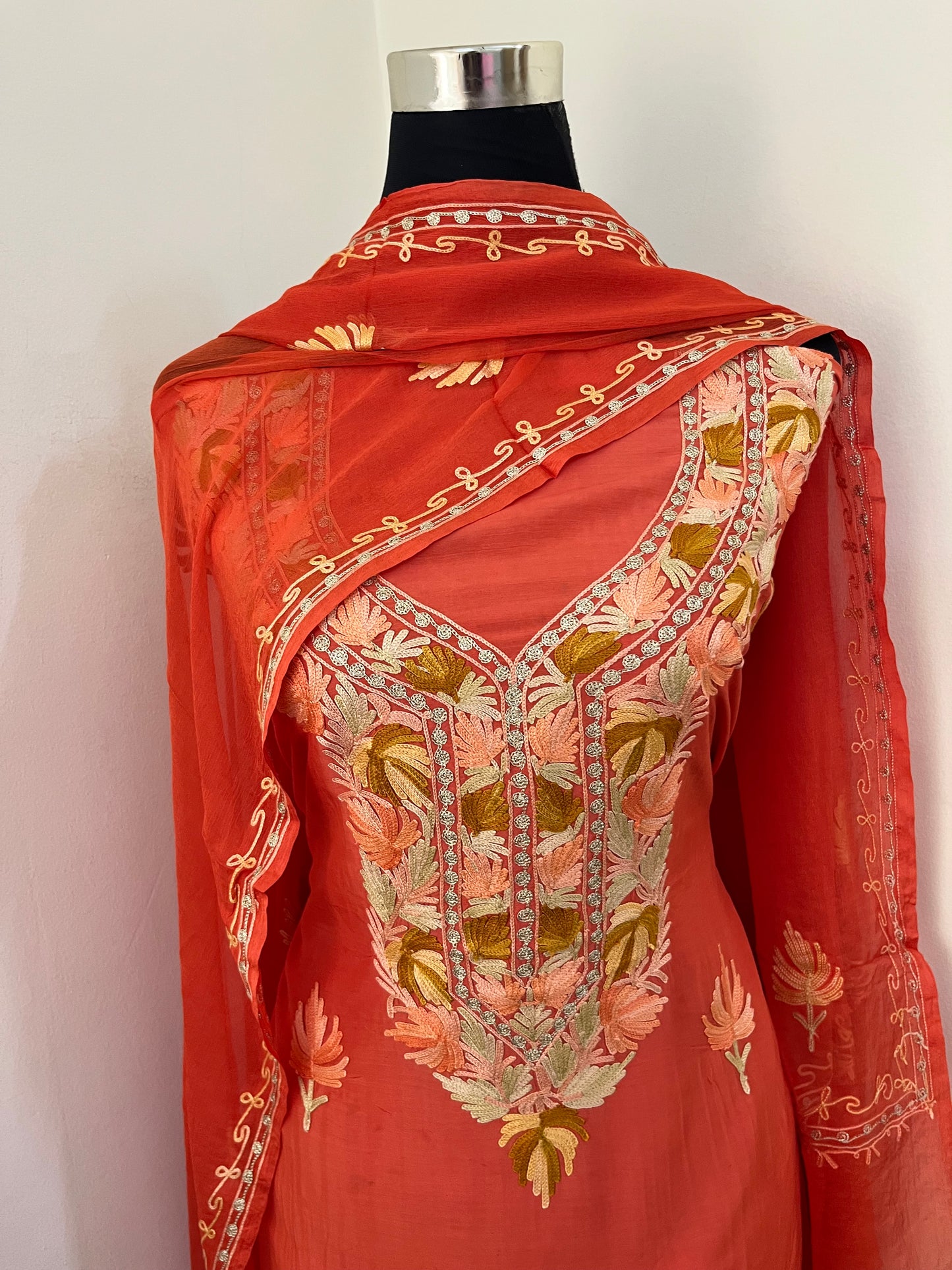 Soft Orange Muslin Cotton Aari Embroidered 3pc set
