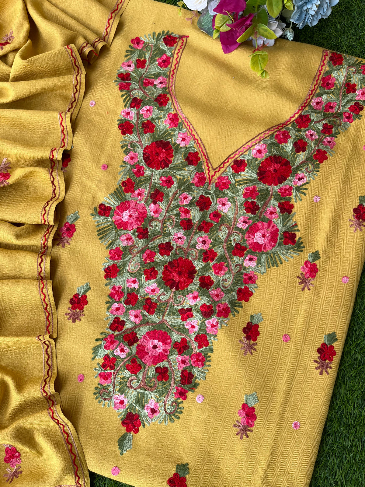 Yellow Woollen Aari Embroidered 3pc suit
