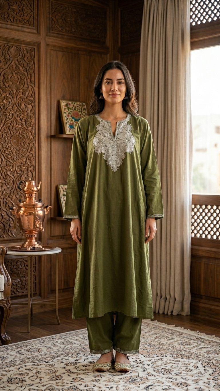 Henna Green Cotton Kashmiri Pheran Set (46)