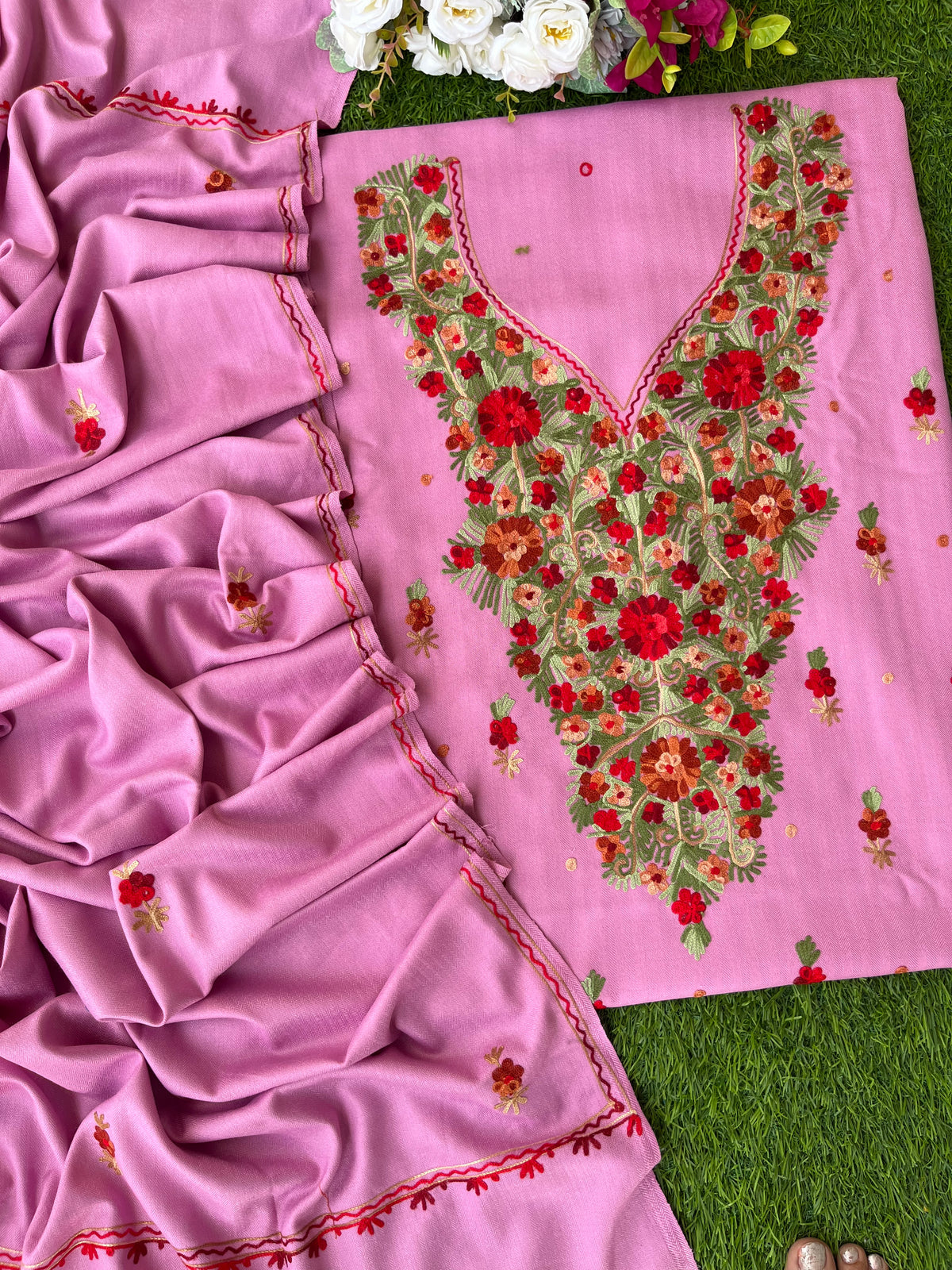 Playful Pink Woollen Aari Embroidered 3pc suit