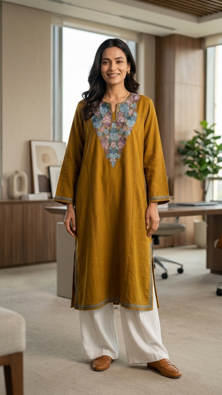 Golden Yellow Aari Embroidered Wool Pheran