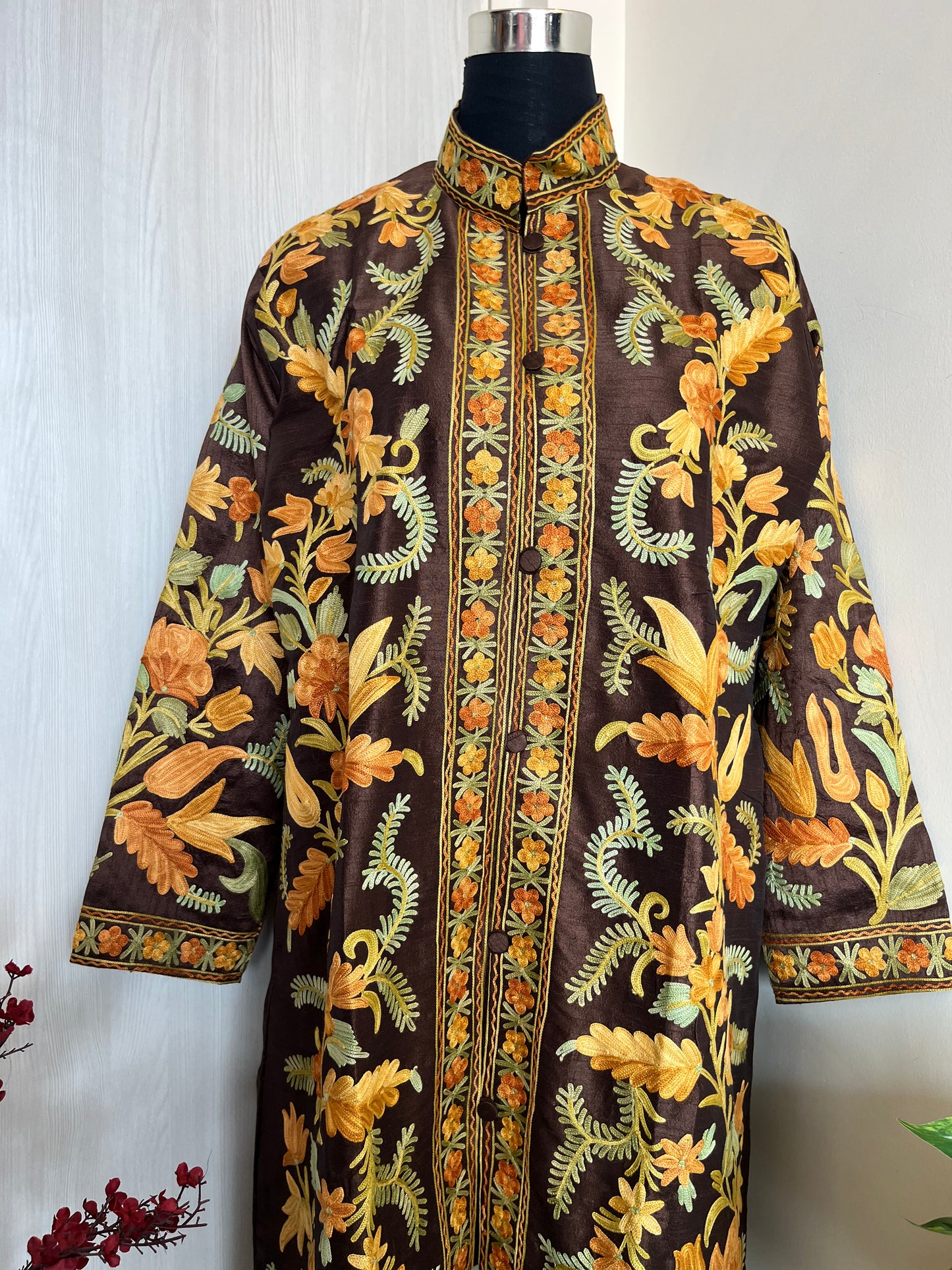 Chocolate Brown Aari  Embroidered Silk Jacket