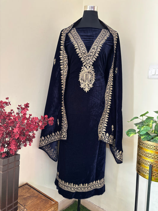 Navy Blue Tilla Embroidered Velvet 2pc Suit Material