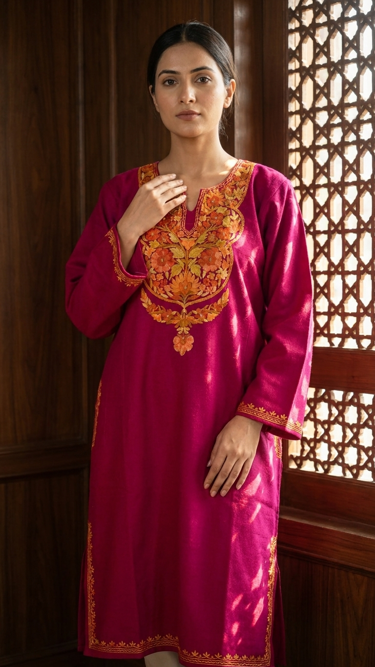 Hot Pink Aari Embroidered Wool Pheran
