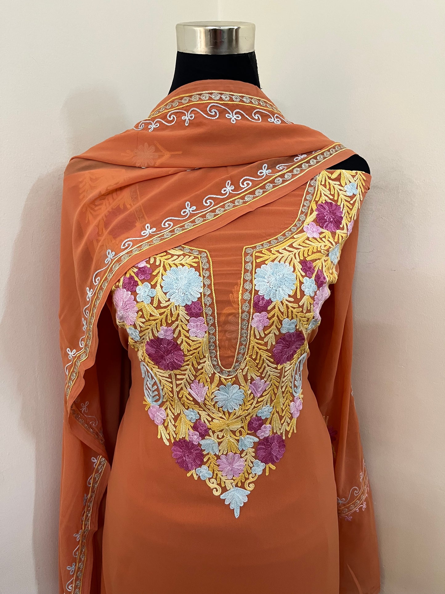Soft Orange Georgette 3 Pc Aari Embroidered Suit Set