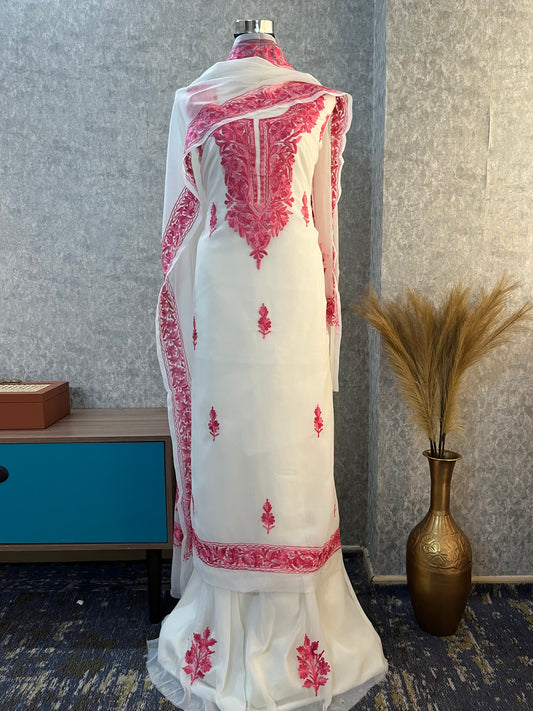 Off White Georgette Aari Embroidered Suit Set
