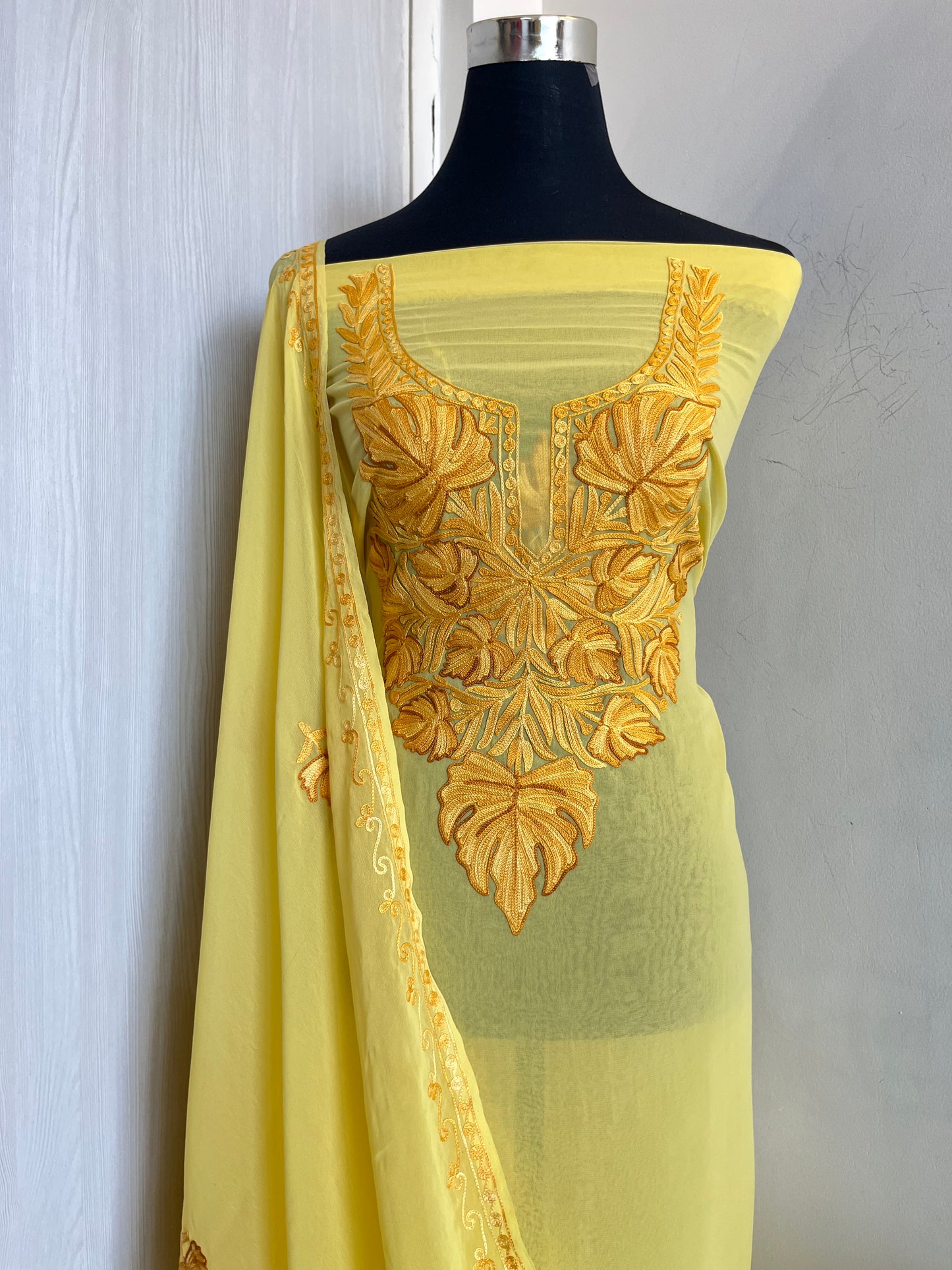 Georgette Yellow 3 Pc Aari Embroidered Suit Set