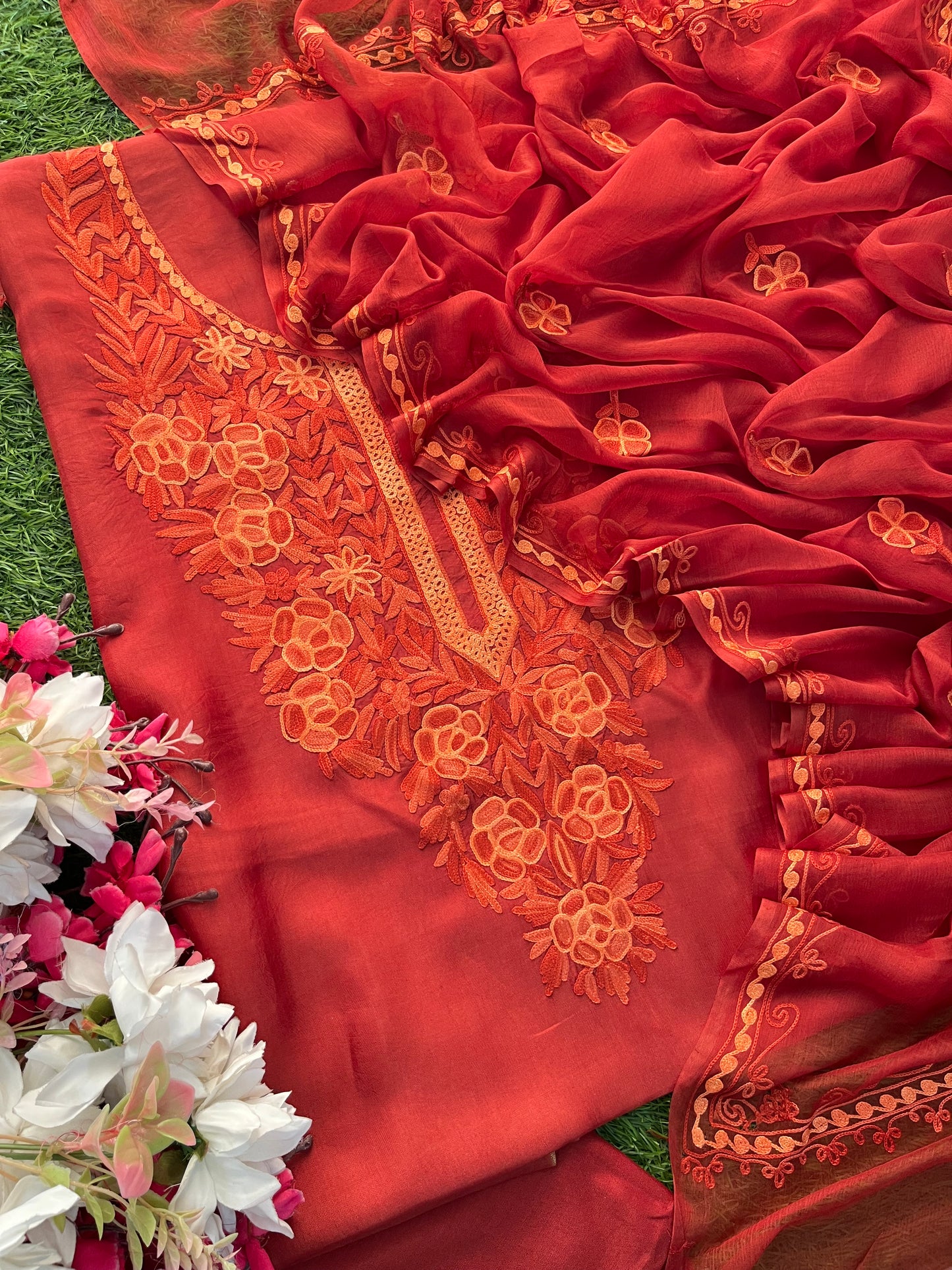 Orange Silk Kashmiri Suit