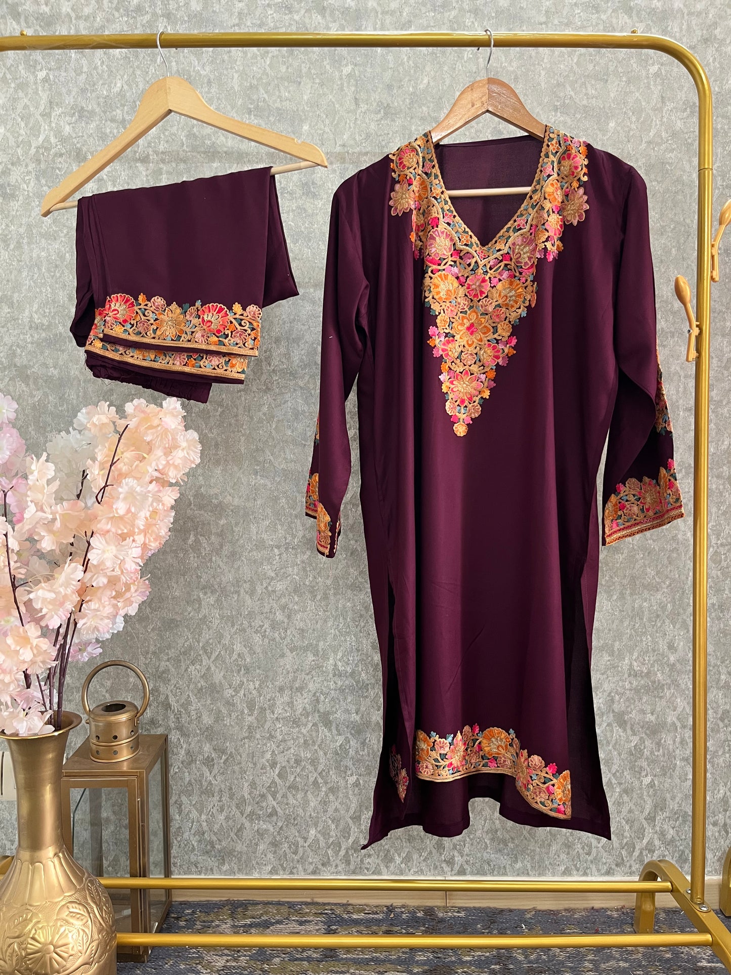 Wine Cotton Stitched Co-ord Set( 44)
