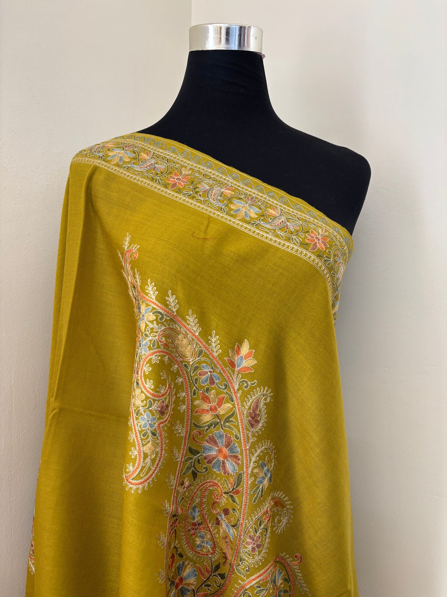 Lime Green Silk Thread Ambi Aangan Embroidered Fine Semi Pashmina stole