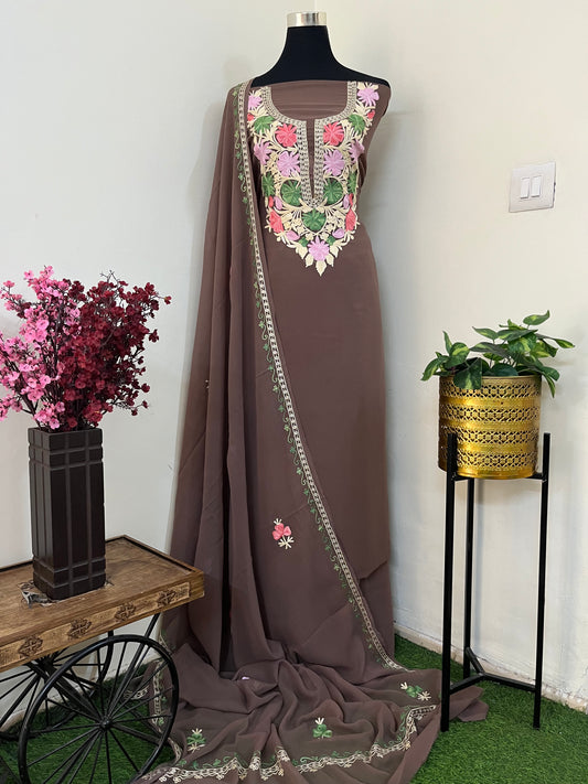 Coffee Brown Georgette 3 Pc Aari Embroidered Suit Set