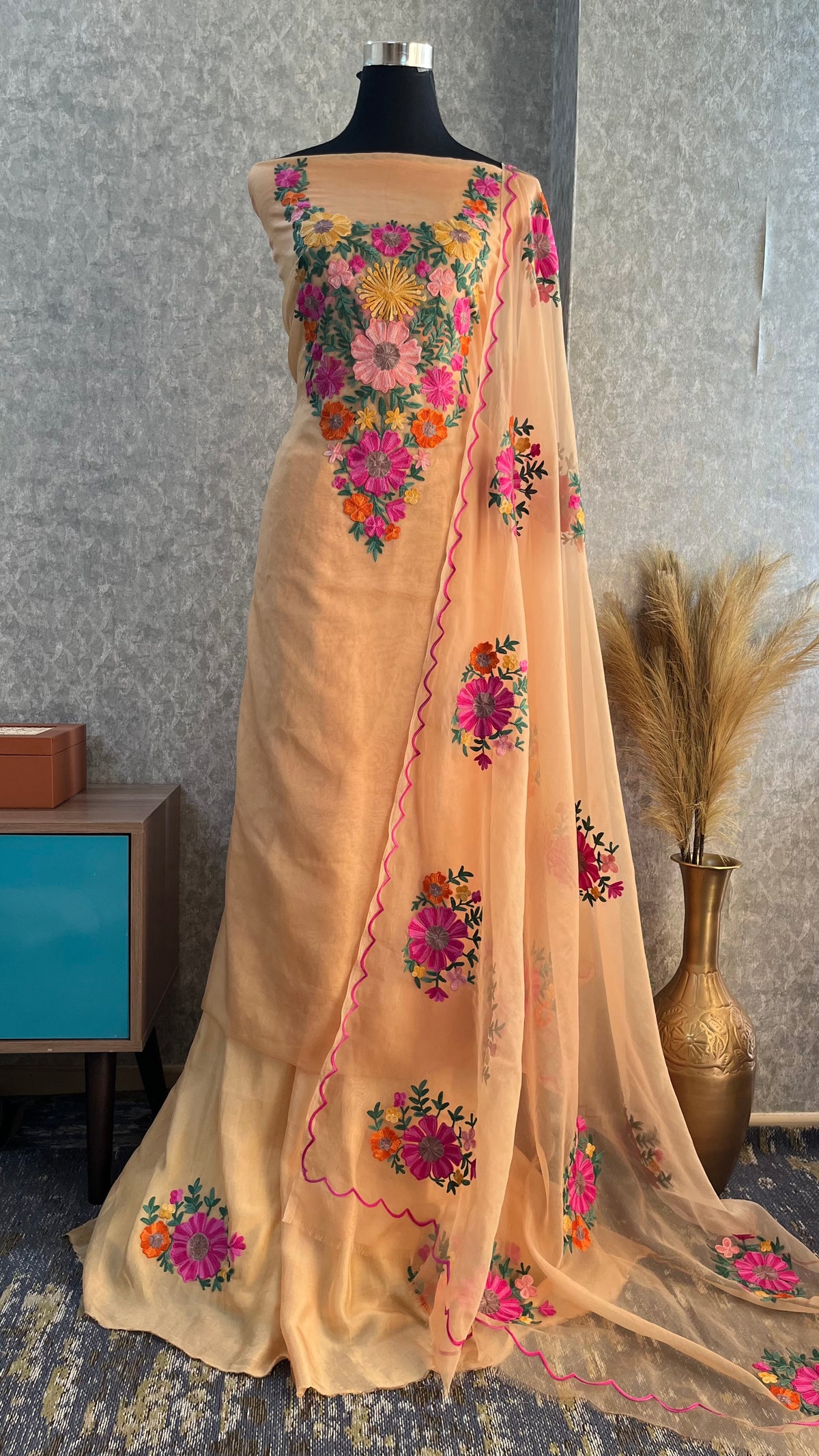 Beige Soft Tissue Kashmiri Suit